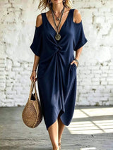 Full Size Cold Shoulder Twist Front Midi Dress Plus Size - Trendsi - Flyclothing LLC
