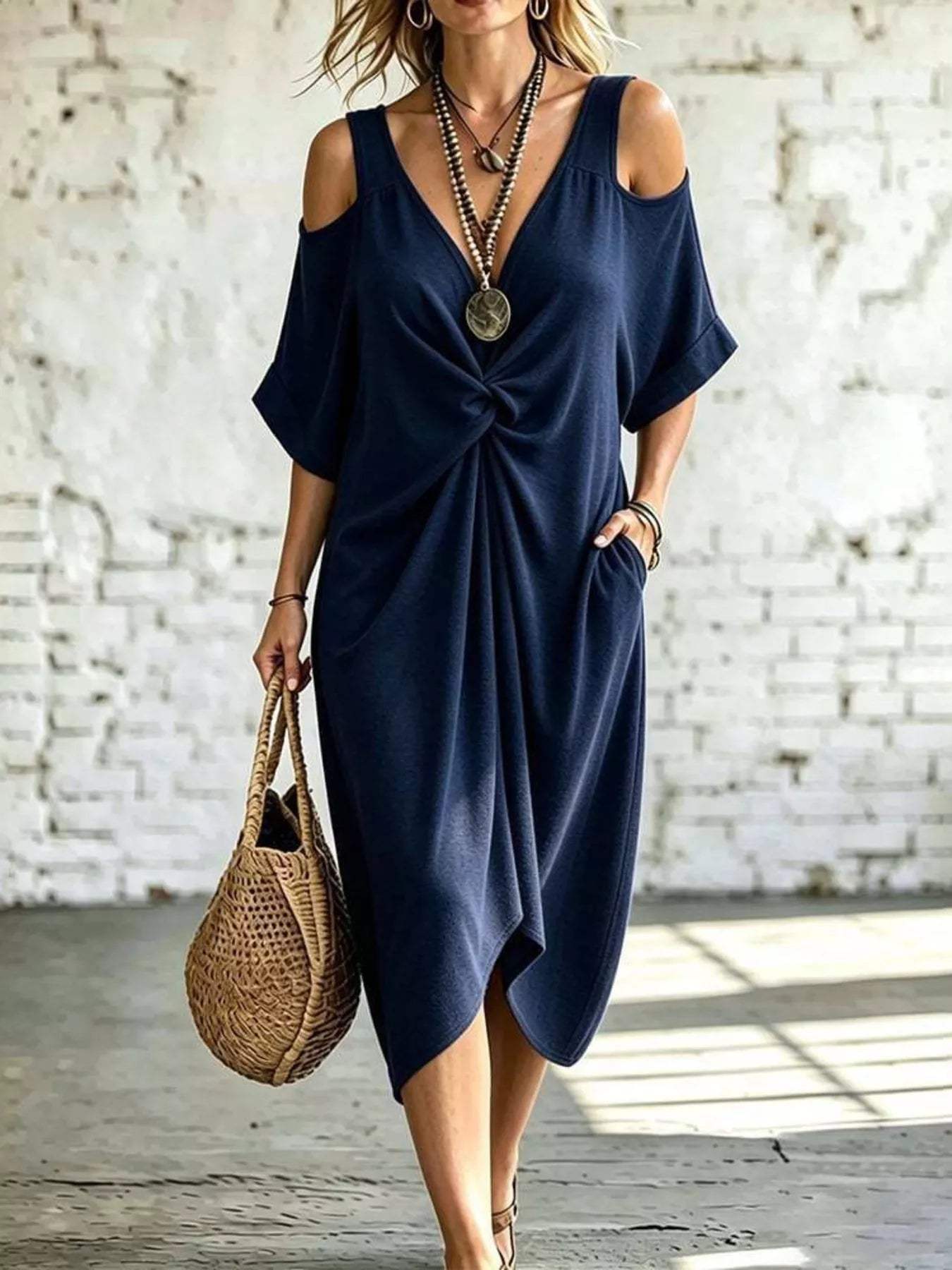 Full Size Cold Shoulder Twist Front Midi Dress Plus Size - Trendsi - Flyclothing LLC