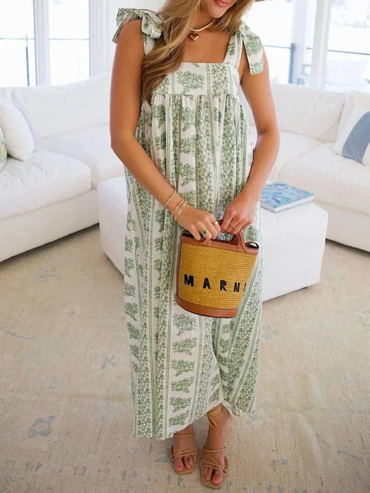 Printed Tie Shoulder Square Neck Midi Dress - Trendsi - Flyclothing LLC