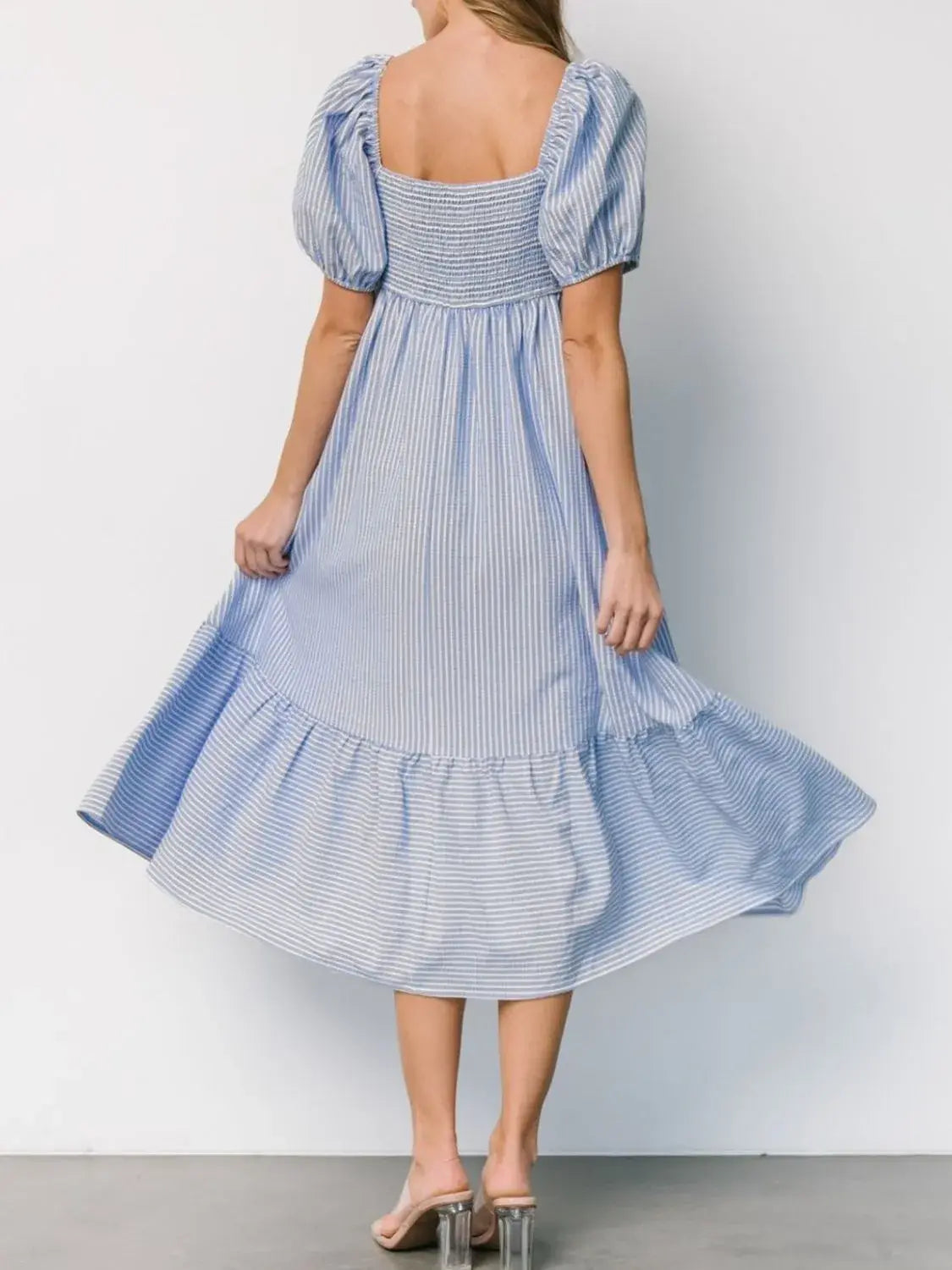 Striped Sweetheart Neck Puff Sleeve Midi Dress - Trendsi - Flyclothing LLC