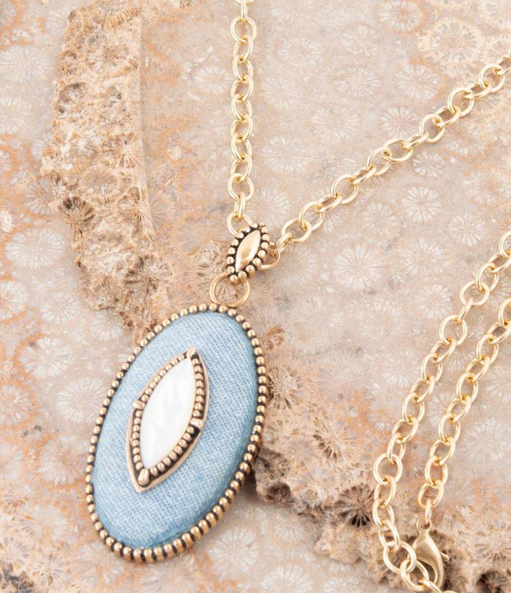 Blue Denim Dreams White Mother of Pearl Golden Pendant Necklace - Barse Jewelry - Flyclothing LLC