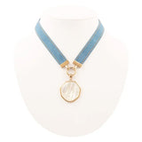 Blue Denim Dreams White Mother of Pearl Ribbon Golden Pendant Necklace - Barse Jewelry - Flyclothing LLC