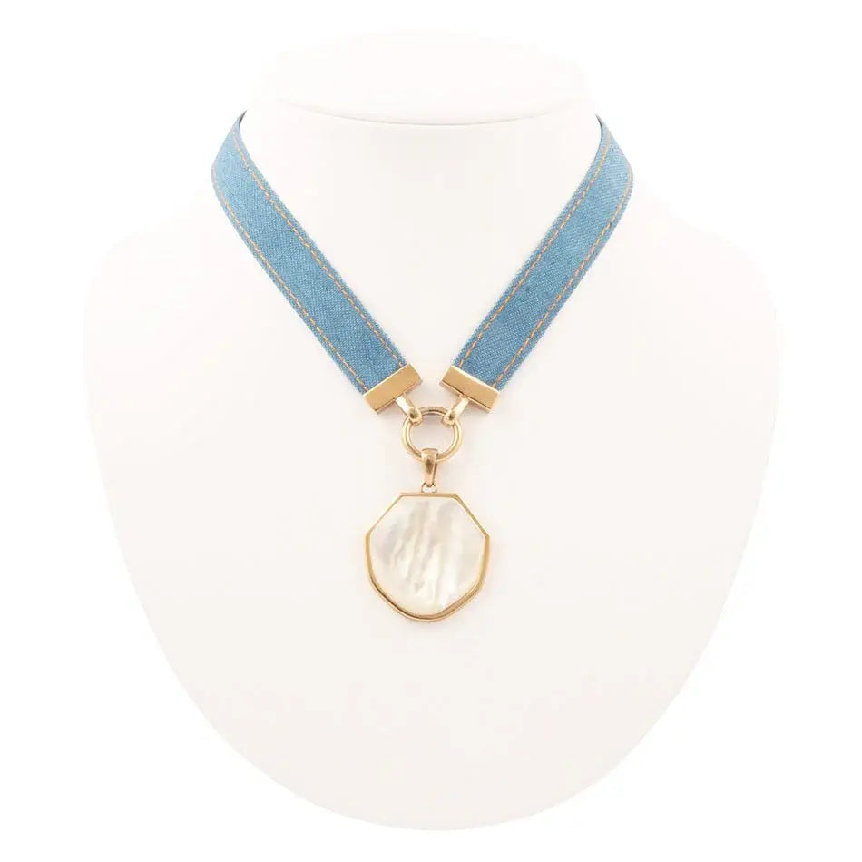 Blue Denim Dreams White Mother of Pearl Ribbon Golden Pendant Necklace - Barse Jewelry - Flyclothing LLC