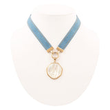 Blue Denim Dreams White Mother of Pearl Ribbon Necklace