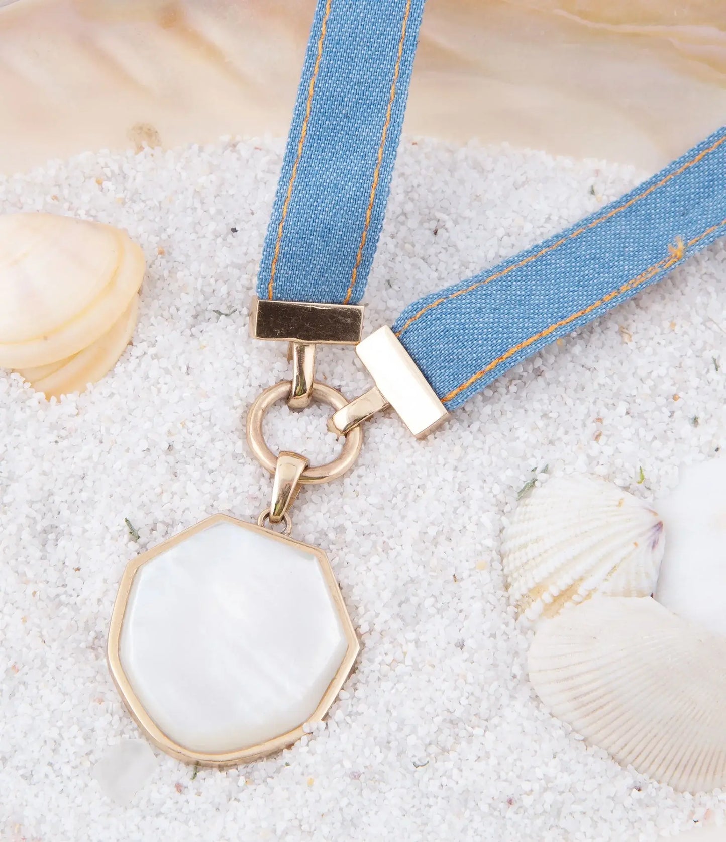 Blue Denim Dreams White Mother of Pearl Ribbon Golden Pendant Necklace - Barse Jewelry - Flyclothing LLC
