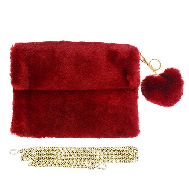 Detachable Heart Pom Pom Keychain Faux Fur Crossbody Bag - Madeline Love - Flyclothing LLC
