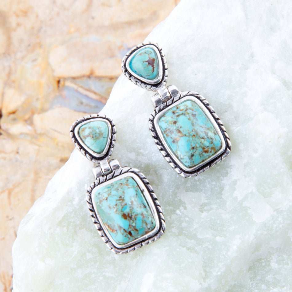 Detailed Blue Turquoise and Sterling Silver Drop Earrings - Barse Jewelry - Flyclothing LLC