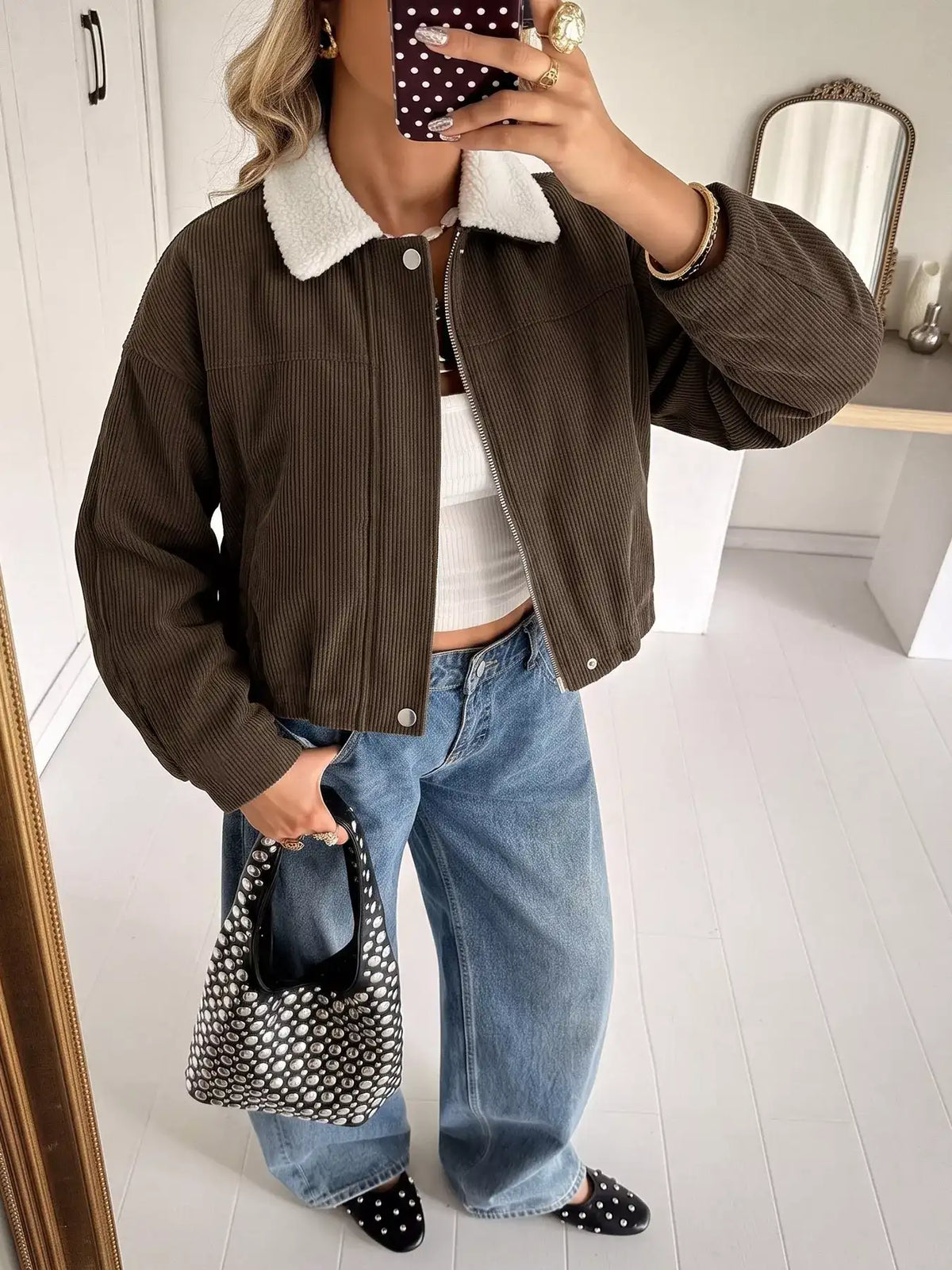 Contrast Sherpa Collar Corduroy Zip Up Jacket - Trendsi - Flyclothing LLC