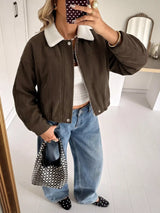 Contrast Sherpa Collar Corduroy Zip Up Jacket - Trendsi - Flyclothing LLC