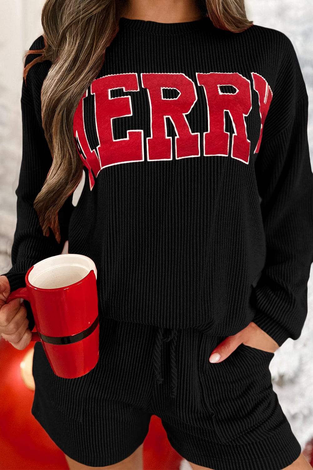 MERRY Round Neck Long Sleeve Top and Shorts Set - Trendsi - Flyclothing LLC