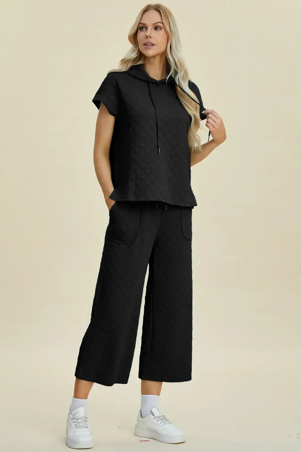 Double Take Full Size Texture Drawstring Short Sleeve Hoodie and Pocketed Pants Set - Trendsi - Flyclothing LLC