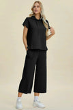 Double Take Full Size Texture Drawstring Short Sleeve Hoodie and Pocketed Pants Set - Trendsi - Flyclothing LLC