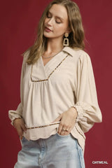 Umgee Full Size Linen Scallop Hem Blouse with Contrast Trim Plus Size - Trendsi - Flyclothing LLC