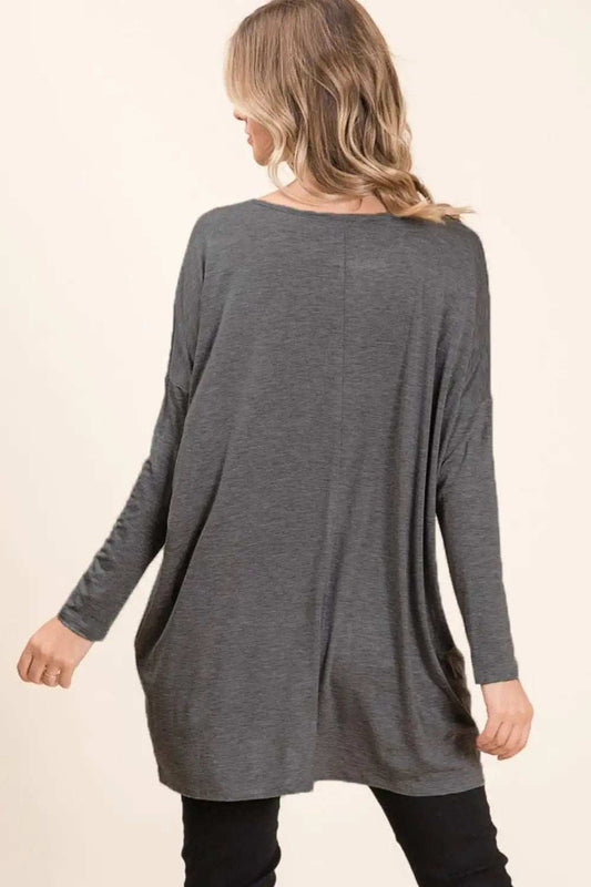 BOMBOM Round Neck Long Sleeve Oversized Top - Trendsi - Flyclothing LLC