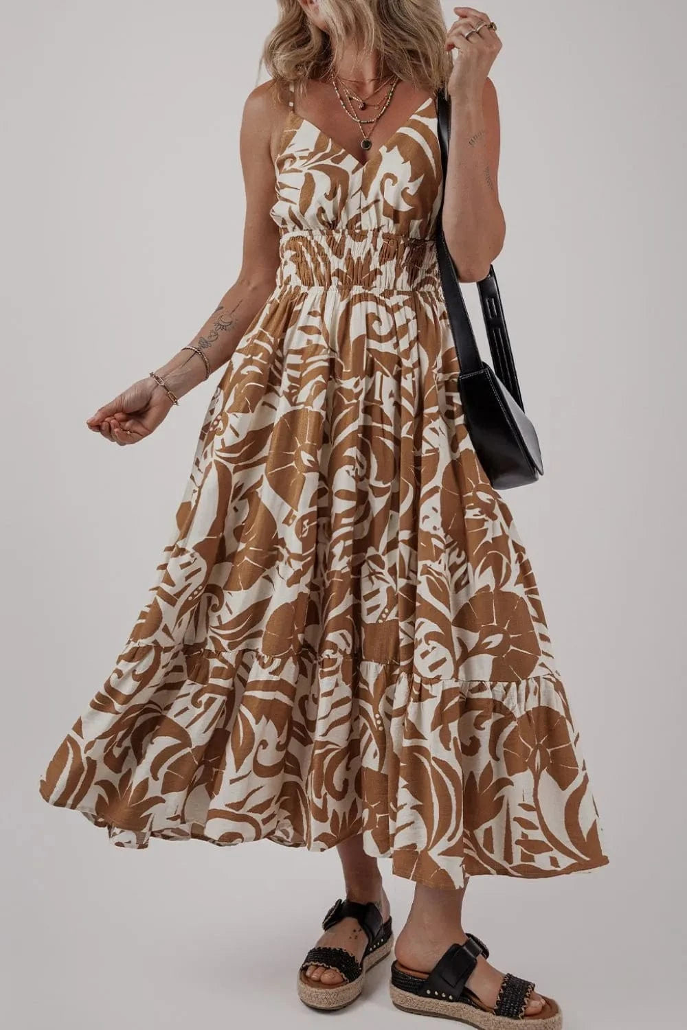 Floral Shirred High Waist Spaghetti Straps Dress - Trendsi