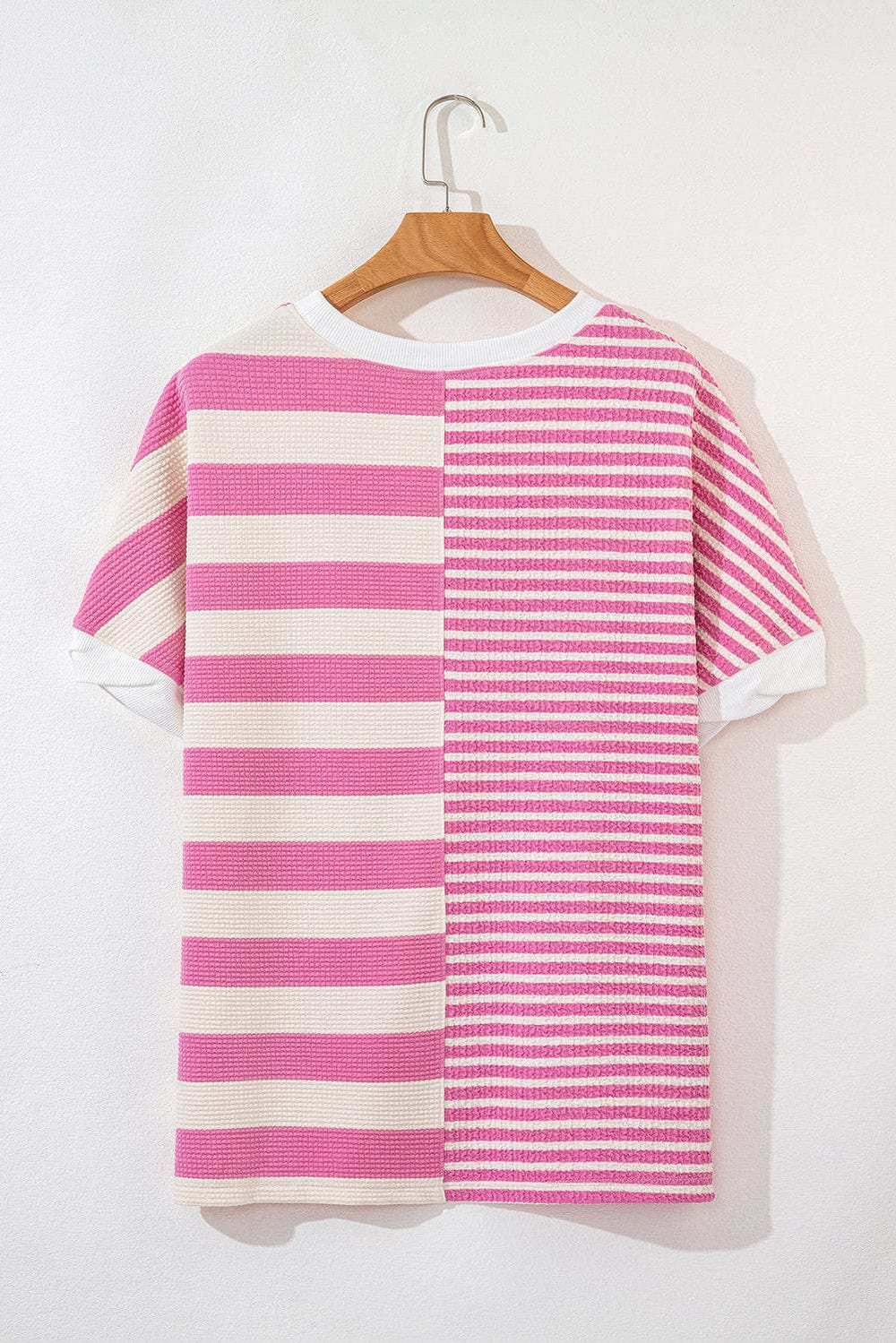 High-Low Striped Round Neck Short Sleeve T-Shirt - Trendsi - Flyclothing LLC