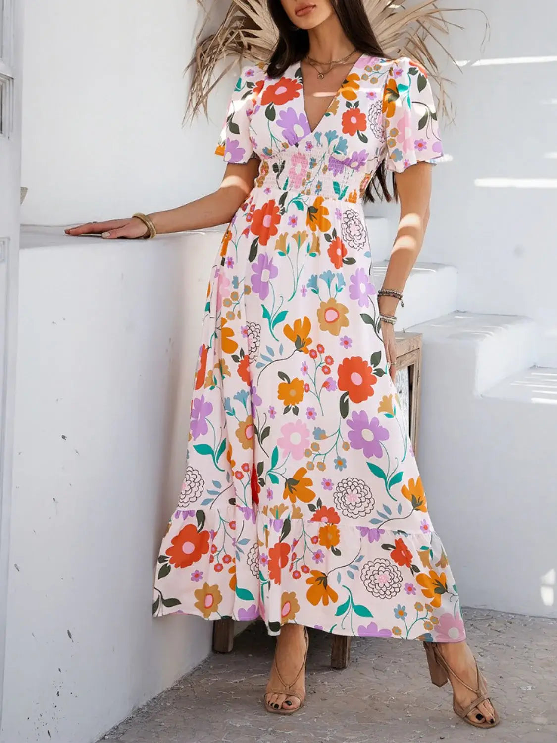 Devine Smocked Printed V-Neck Short Sleeve Maxi Dress - Trendsi - Flyclothing LLC