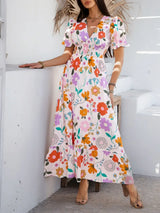 Devine Smocked Printed V-Neck Short Sleeve Maxi Dress - Trendsi - Flyclothing LLC