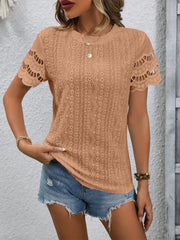 Full Size Eyelet Round Neck Short Sleeve Top - Trendsi