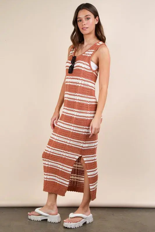 VERY J Stripe Knit Casual Sweater Midi Dress - Trendsi - Flyclothing LLC