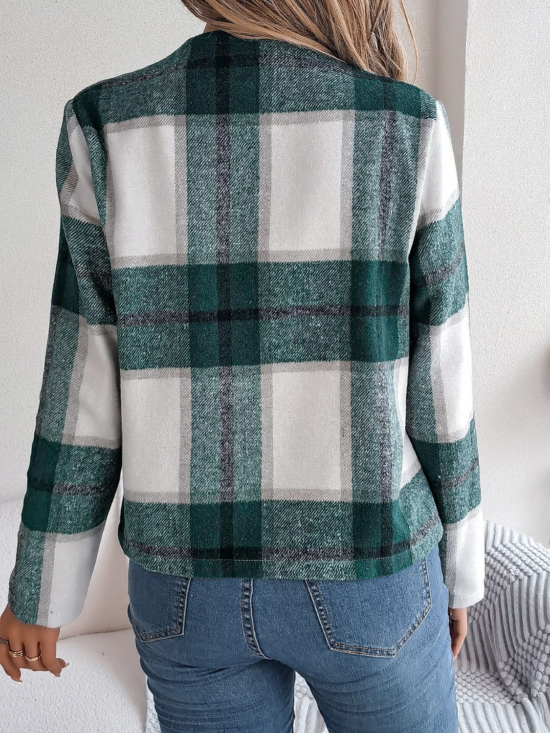 Plaid Open Front Long Sleeve Jacket - Trendsi