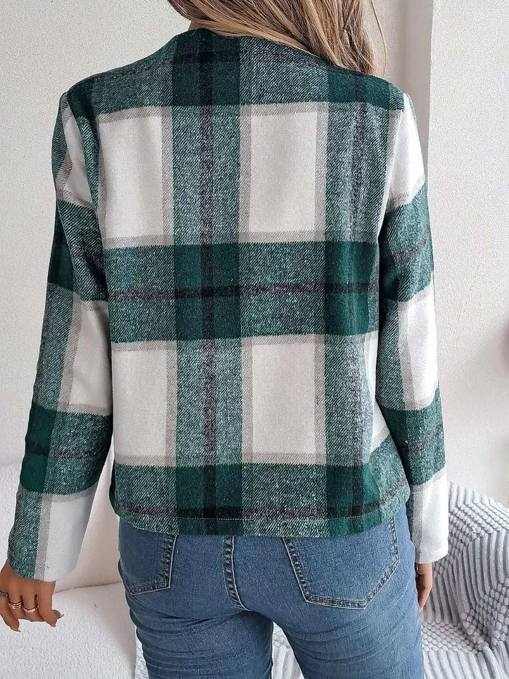 Plaid Open Front Long Sleeve Jacket - Trendsi - Flyclothing LLC