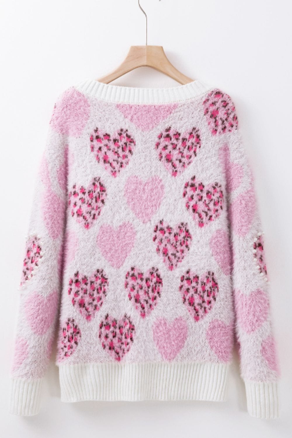 Pearl Detail Heart Round Neck Sweater - Trendsi