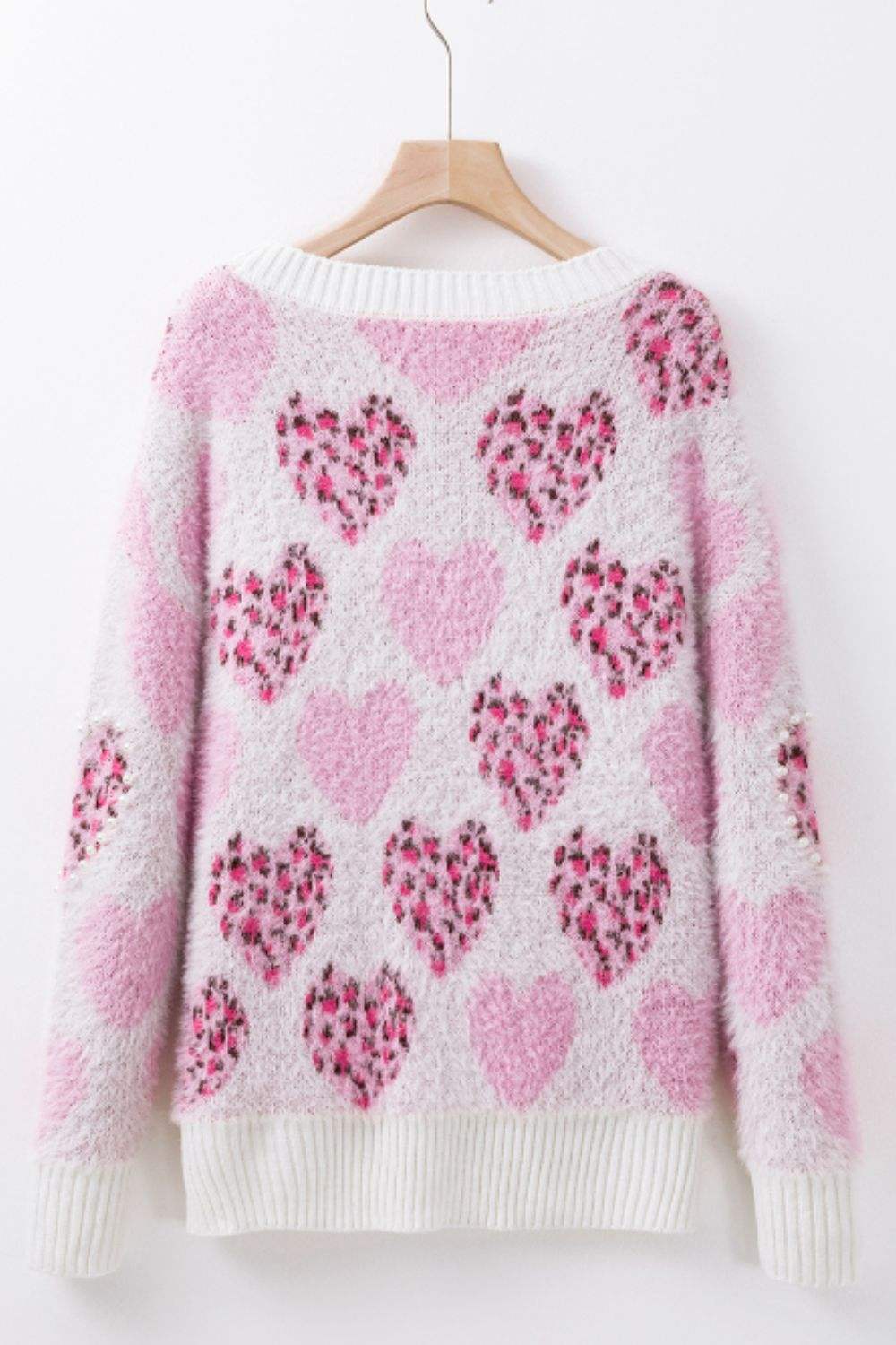 Pearl Detail Heart Round Neck Sweater - Trendsi - Flyclothing LLC