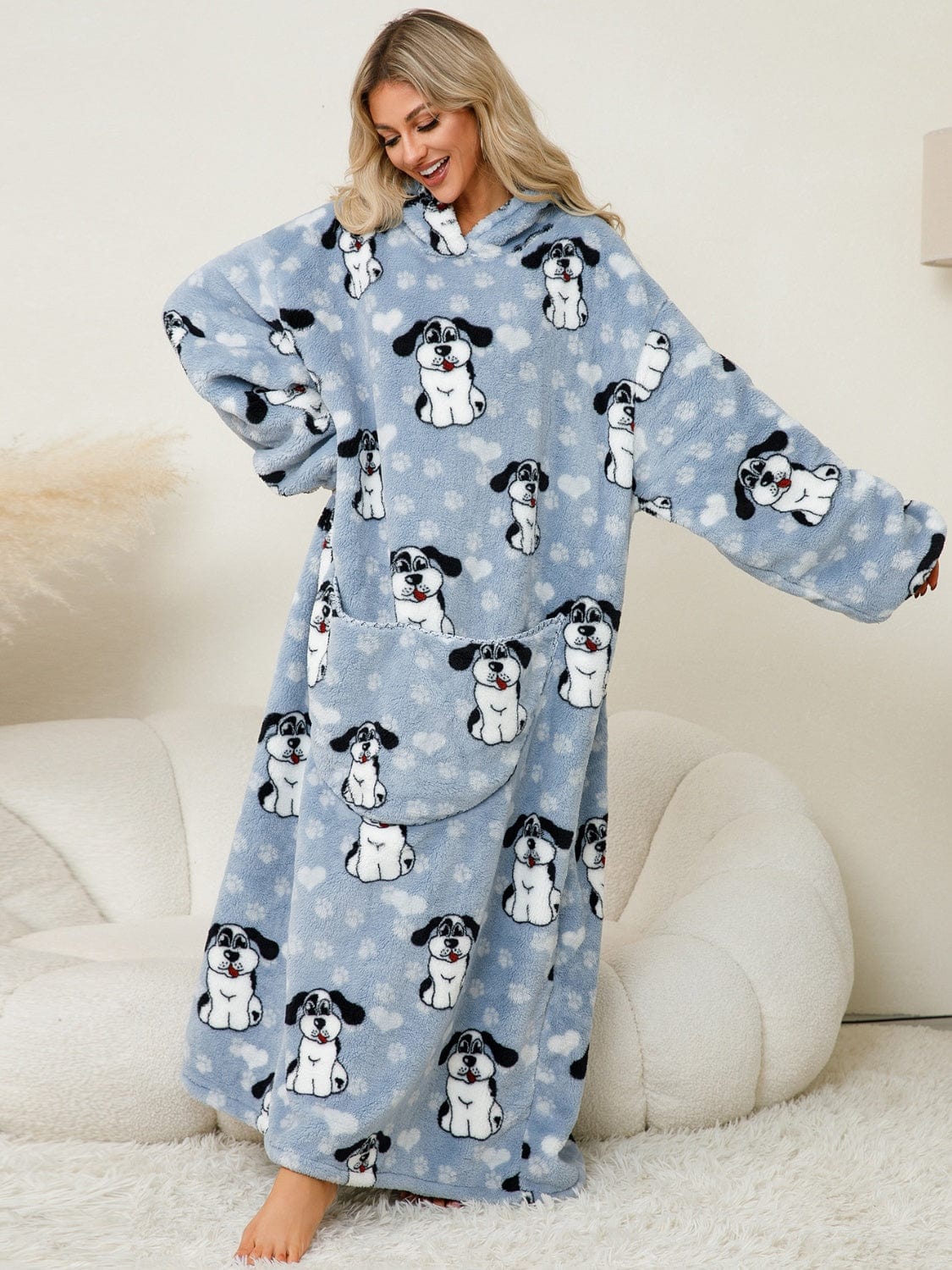 Fuzzy Pocketed Long Sleeve Hooded Lounge Dress - Trendsi