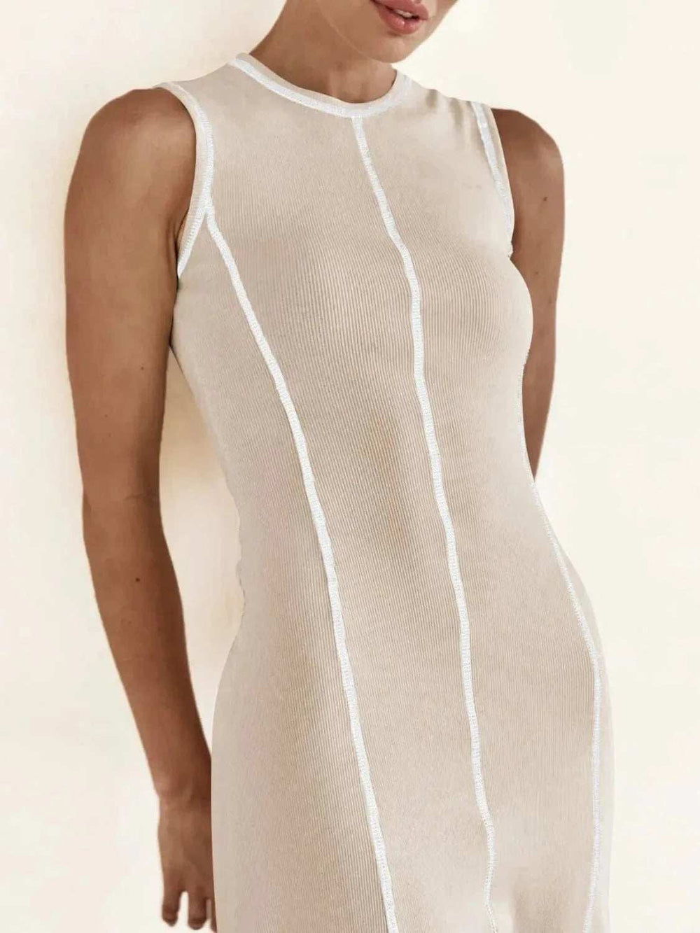 Contrast Stitching Round Neck Sleeveless Midi Dress - Trendsi - Flyclothing LLC