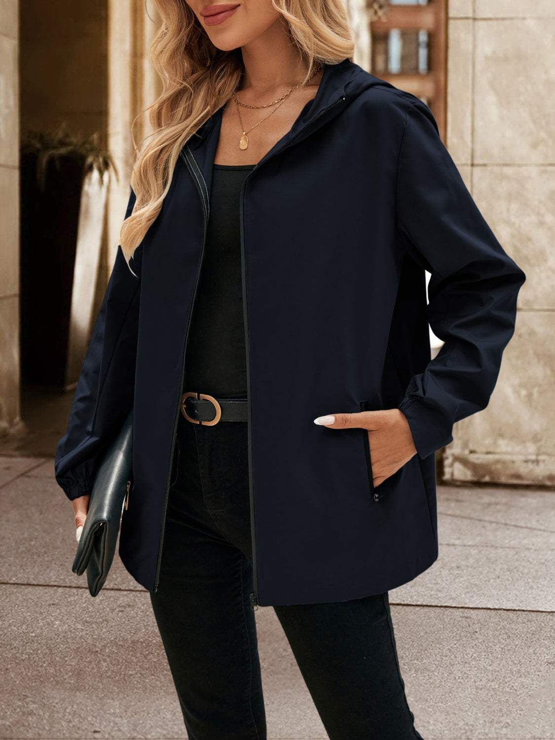 Pocketed Zip Up Hooded Jacket - Trendsi - Flyclothing LLC