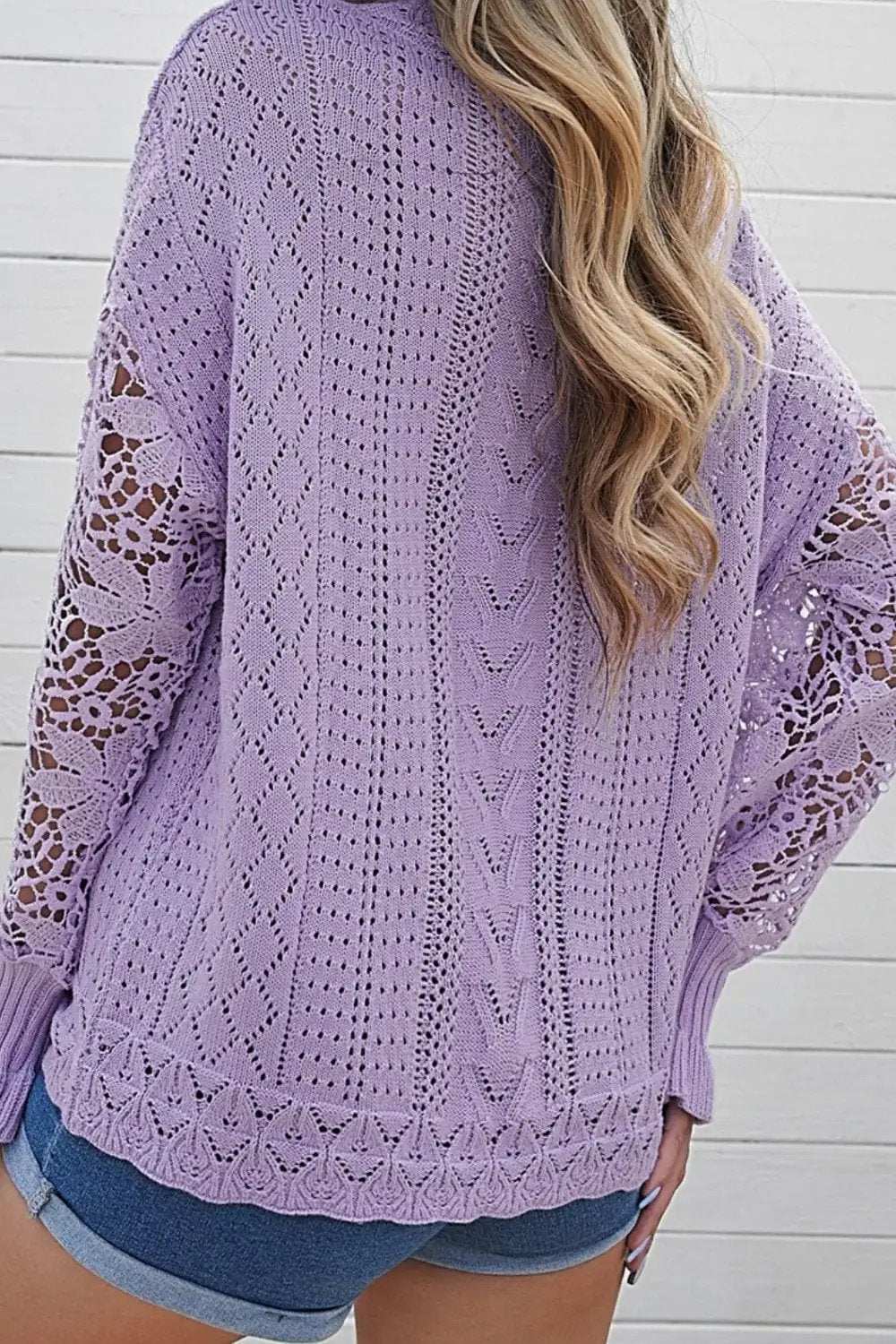 Openwork Round Neck Long Sleeve Sweater - Trendsi - Flyclothing LLC
