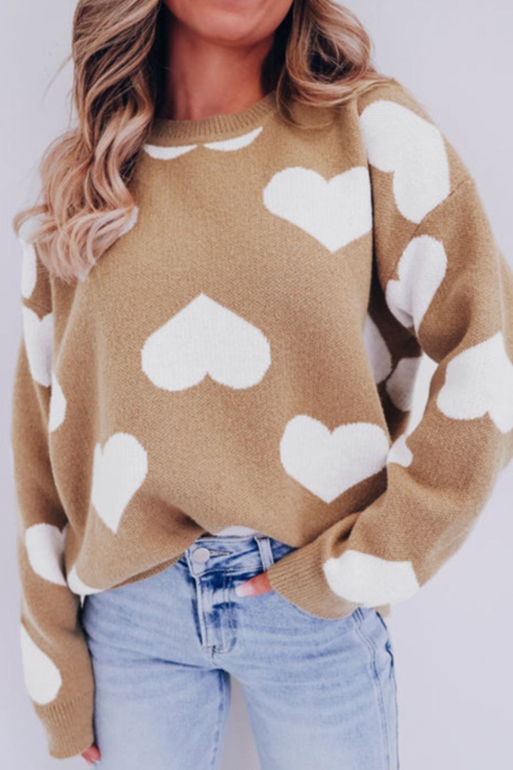 Heart Round Neck Long Sleeve Sweater - Trendsi