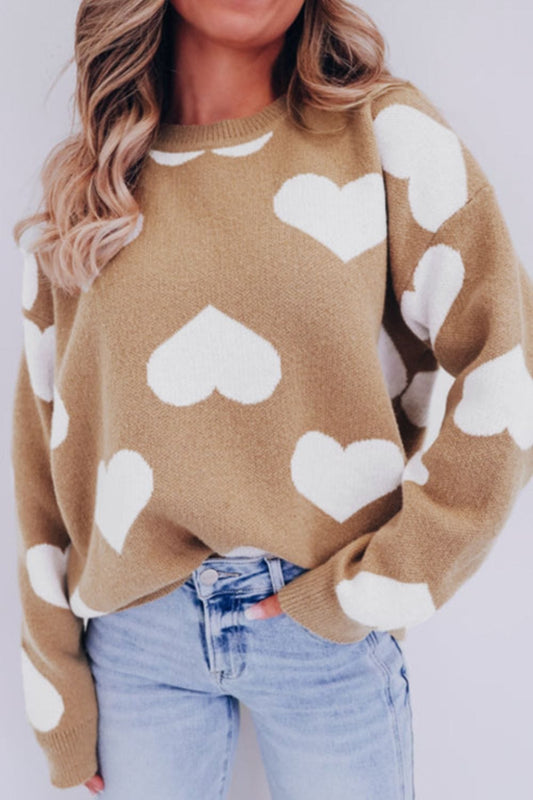 Heart Round Neck Long Sleeve Sweater - Trendsi