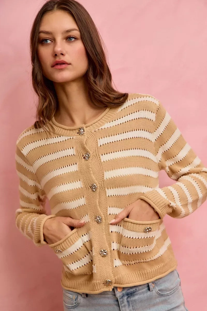 SO ME Stripe Long Sleeves Button Sweater Cardigan - Trendsi - Flyclothing LLC