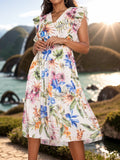 Ruffled Printed Surplice Cap Sleeve Dress - Trendsi