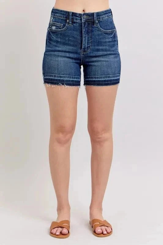 Judy Blue Full Size High Waist Tummy Control Destroy Release Hem Denim Shorts Plus Size - Trendsi