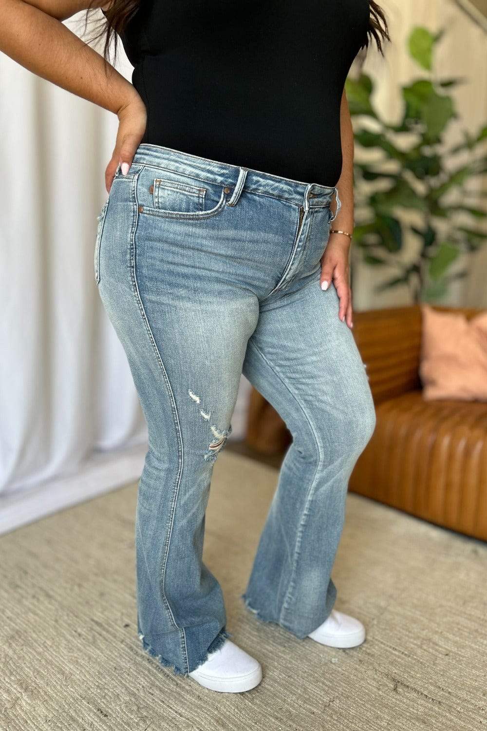 Judy Blue Full Size Medium Rise Tummy Control Destroy Flare - Trendsi - Flyclothing LLC