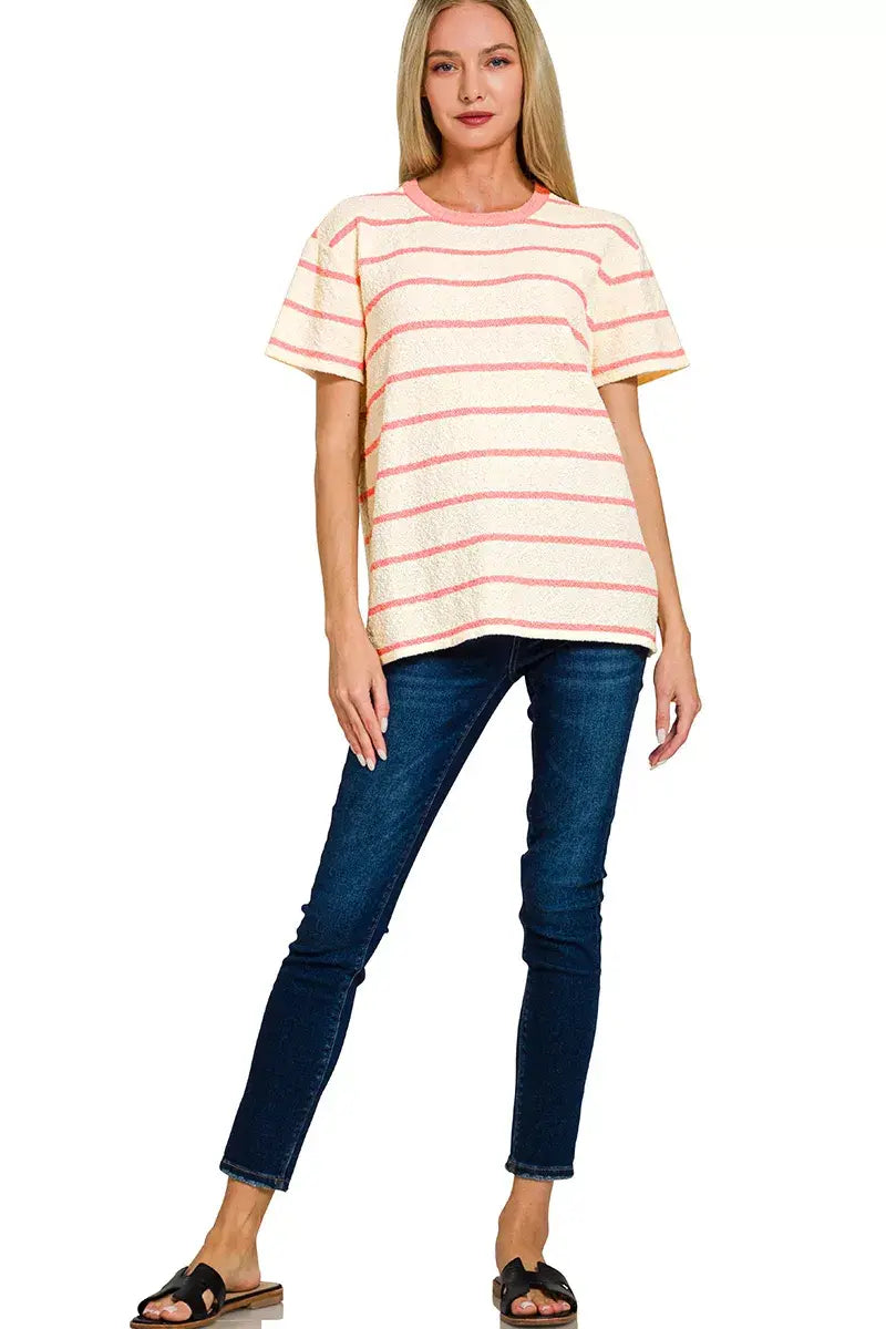 Zenana Textured Striped Crew Neck T-Shirt - Trendsi - Flyclothing LLC