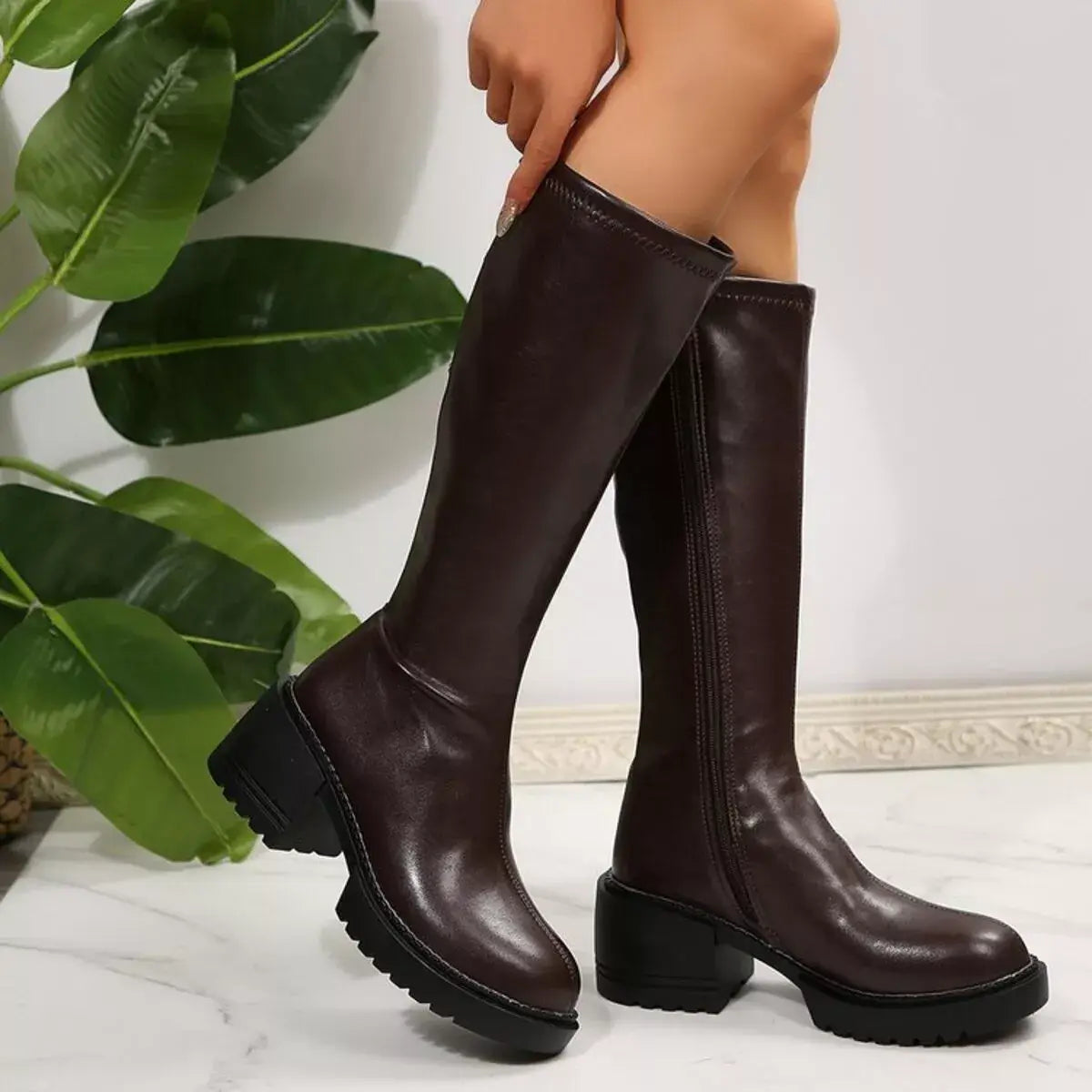 Round Toe Block Heels Boots - Trendsi - Flyclothing LLC