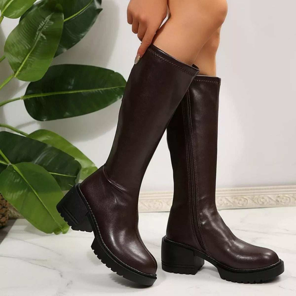 Round Toe Block Heels Boots - Trendsi - Flyclothing LLC