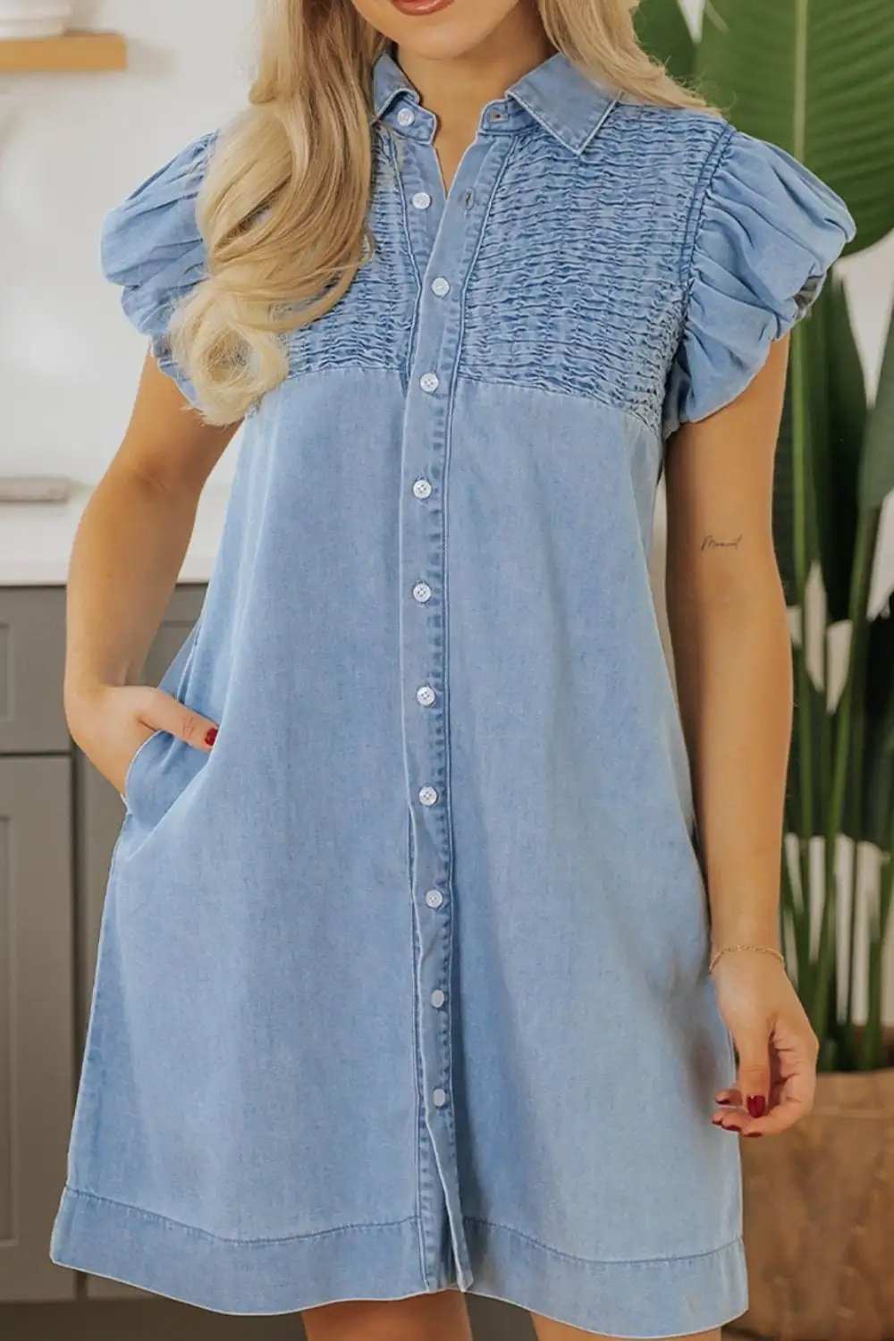 Smocked Collared Neck Cap Sleeve Denim Dress - Trendsi - Flyclothing LLC