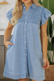 Smocked Collared Neck Cap Sleeve Denim Dress - Trendsi
