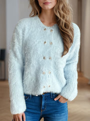 Heart Button Round Neck Cardigan - Trendsi