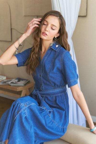 ADORA Tiered Button Down Tie Waist Short Sleeve Denim Dress - Trendsi - Flyclothing LLC