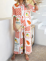 Devine Printed Collared Neck Half Sleeve Top and Pants Set - Trendsi - Flyclothing LLC
