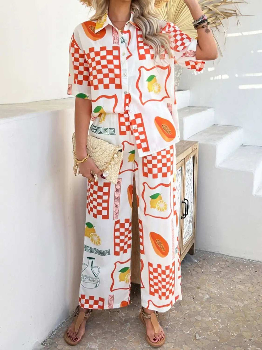 Devine Printed Collared Neck Half Sleeve Top and Pants Set - Trendsi - Flyclothing LLC