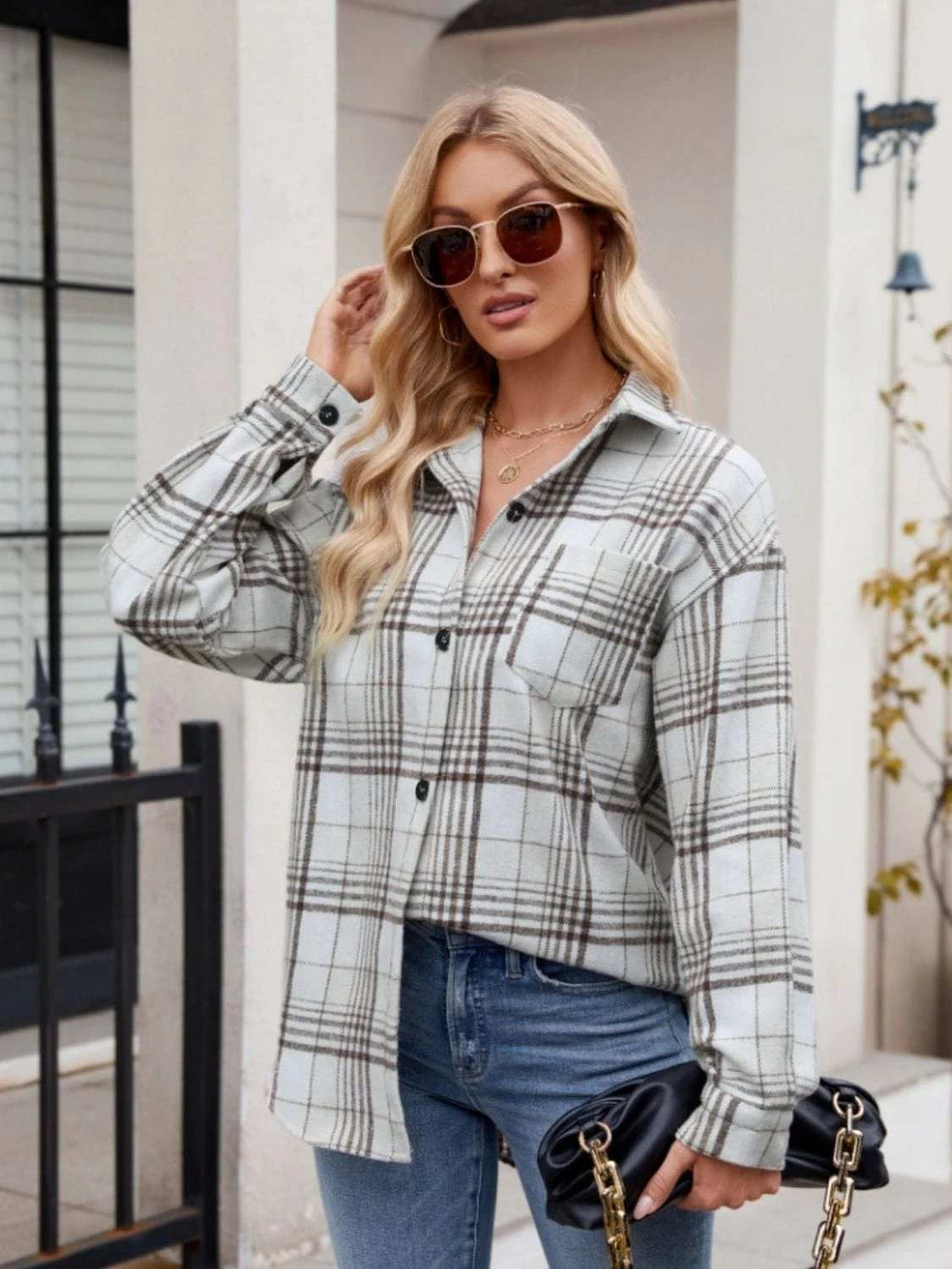 Pocketed Plaid Collared Neck Long Sleeve Shirt - Trendsi - Flyclothing LLC