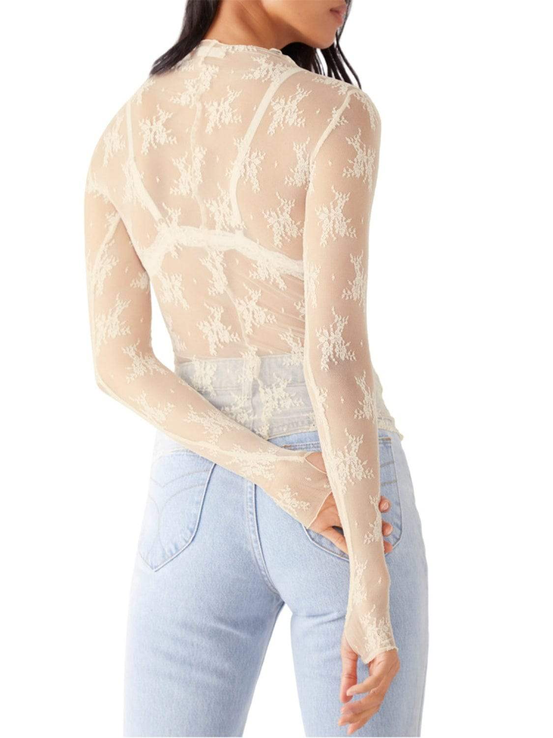 Lace Mock Neck Long Sleeve Blouse - Trendsi - Flyclothing LLC