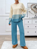Devine Slit Striped Round Neck Top and Pants Sweater Set - Trendsi - Flyclothing LLC